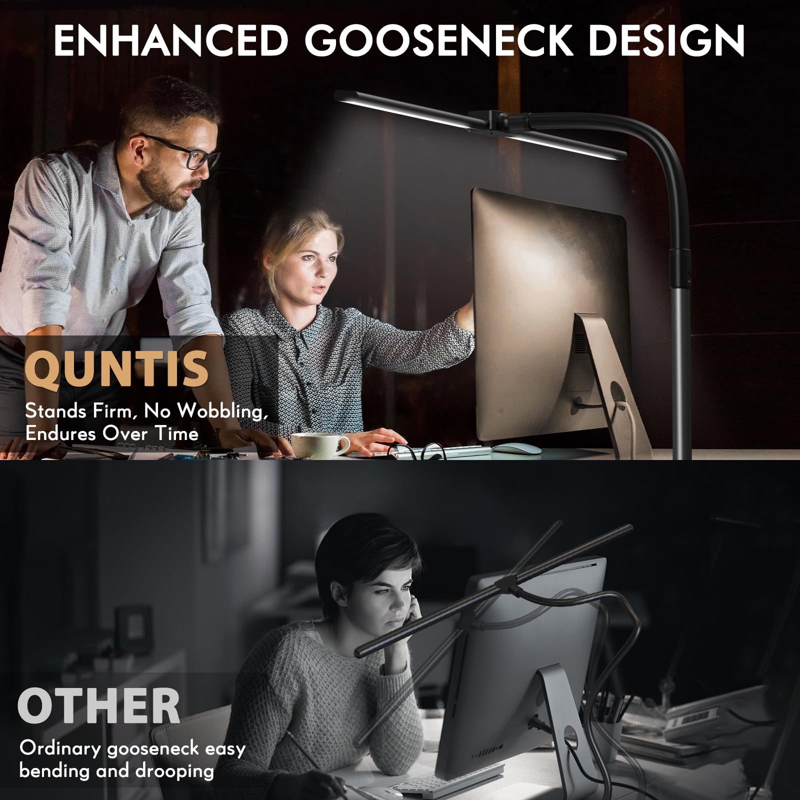 Quntis 32-inch Double LED Desk Lamp with Clamp - 24W Dimmable Touch Control Office Light, Flexible Swan Neck for Reading, Studying, and Architectural Work - Perfect for Home Office, Study Room, and Workspace