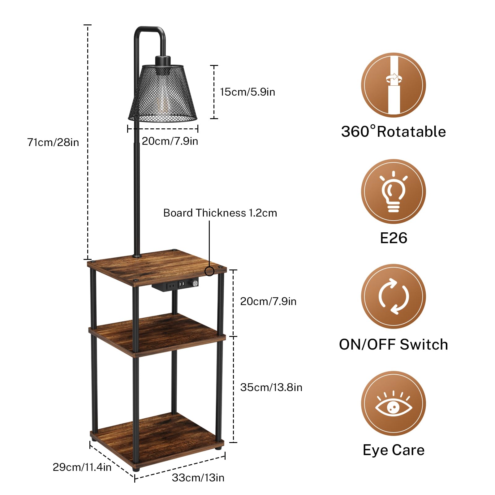 Modern Floor Lamp with Side Table - USB Charging Port & Outlet, Adjustable Bedside Nightstand End Table with Built-in Light for Living Room, Bedroom, Guest Room - Includes LED Bulbs (2 Pack) - Perfect for Reading, Working & Charging Devices