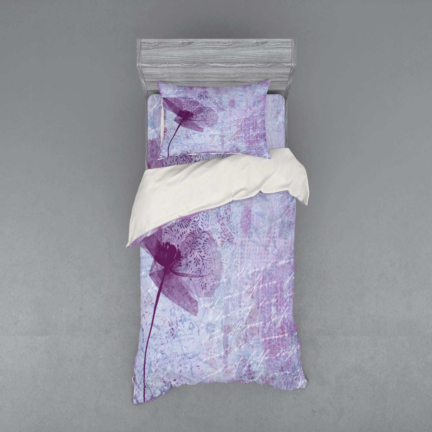 Ambesonne Poppy Flower Bedding Set - 3 Piece Duvet Cover with Sham & Fitted Sheet, Twin Size, Lilac - Vintage Floral Design with Poetry Pattern - Perfect for Romantic Bedroom Decor & Guest Room Styling