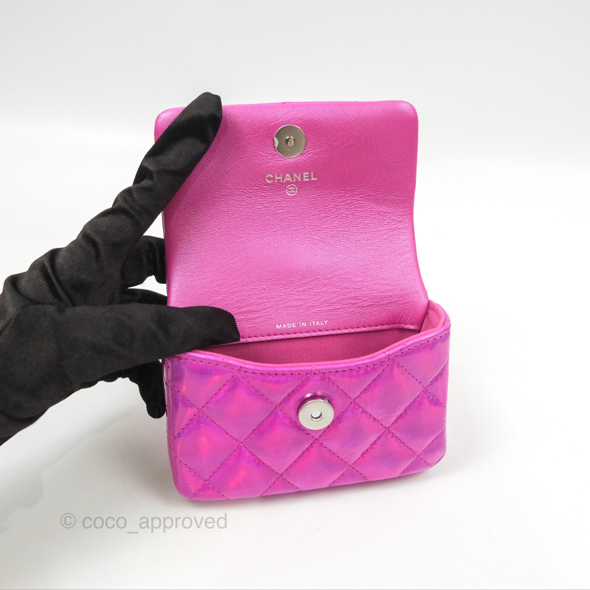 Chanel Fuchsia Iridescent Mirror Goatskin Card Holder with Hook - Luxury Wallet for Women, Perfect for Everyday Use & Travel Accessories