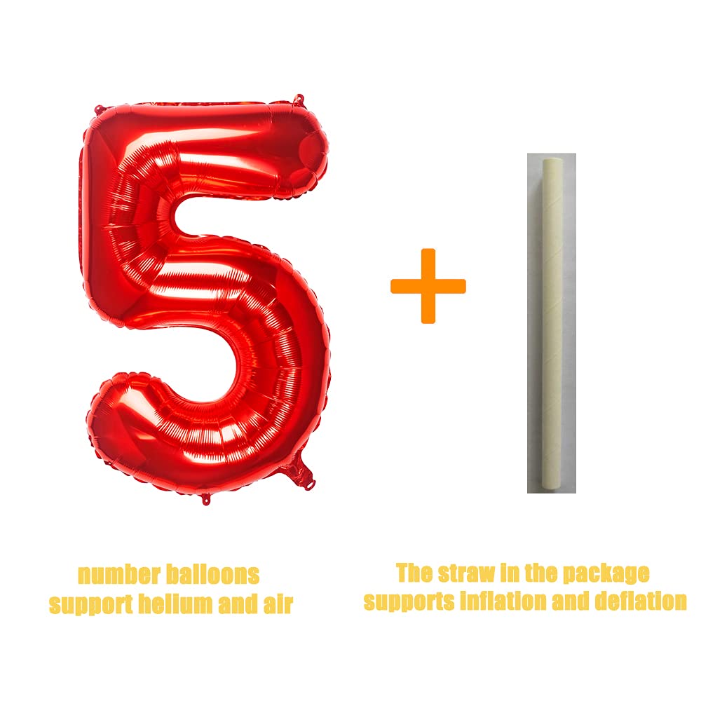 32 Inch Red Number 5 Foil Balloon - Birthday Party Decoration Supplies for Anniversary, Graduation, Baby Shower & Celebration Events - Helium Ready Large Metallic Balloon