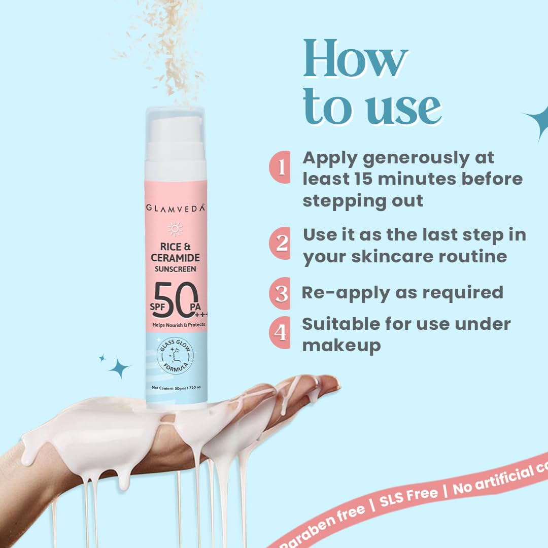 Glamveda Rice & Ceramide Dewy Sunscreen SPF 50 PA+++ | Transparent Ultra Lightweight Gel Cream | No White Cast, Water & Sweat Proof | For Dry & Sensitive Skin | 50ml | Daily UV Protection for Face & Body | Perfect for Outdoor Activities, Beach & Travel