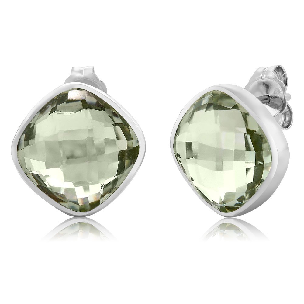 Gem Stone King 925 Sterling Silver Green Amethyst Stud Earrings for Women & Men (12.00 Cttw, Cushion Cut 12mm) - Elegant Jewelry Gift for Birthday, Anniversary & Special Occasions