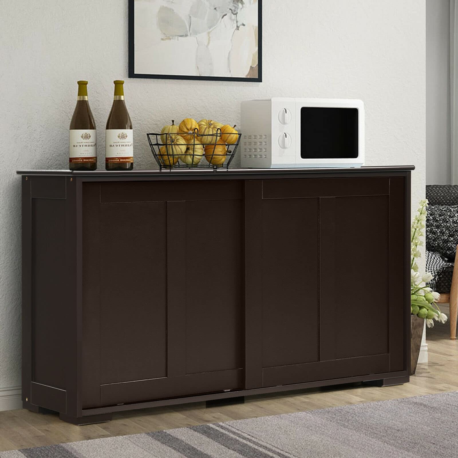 LHONE Stackable Wooden Storage Cabinet with Sliding Doors - Kitchen Sideboard Buffet Cupboard for Dining Room & Home Organization (Brown) - Perfect for Small Spaces & Modern Kitchens