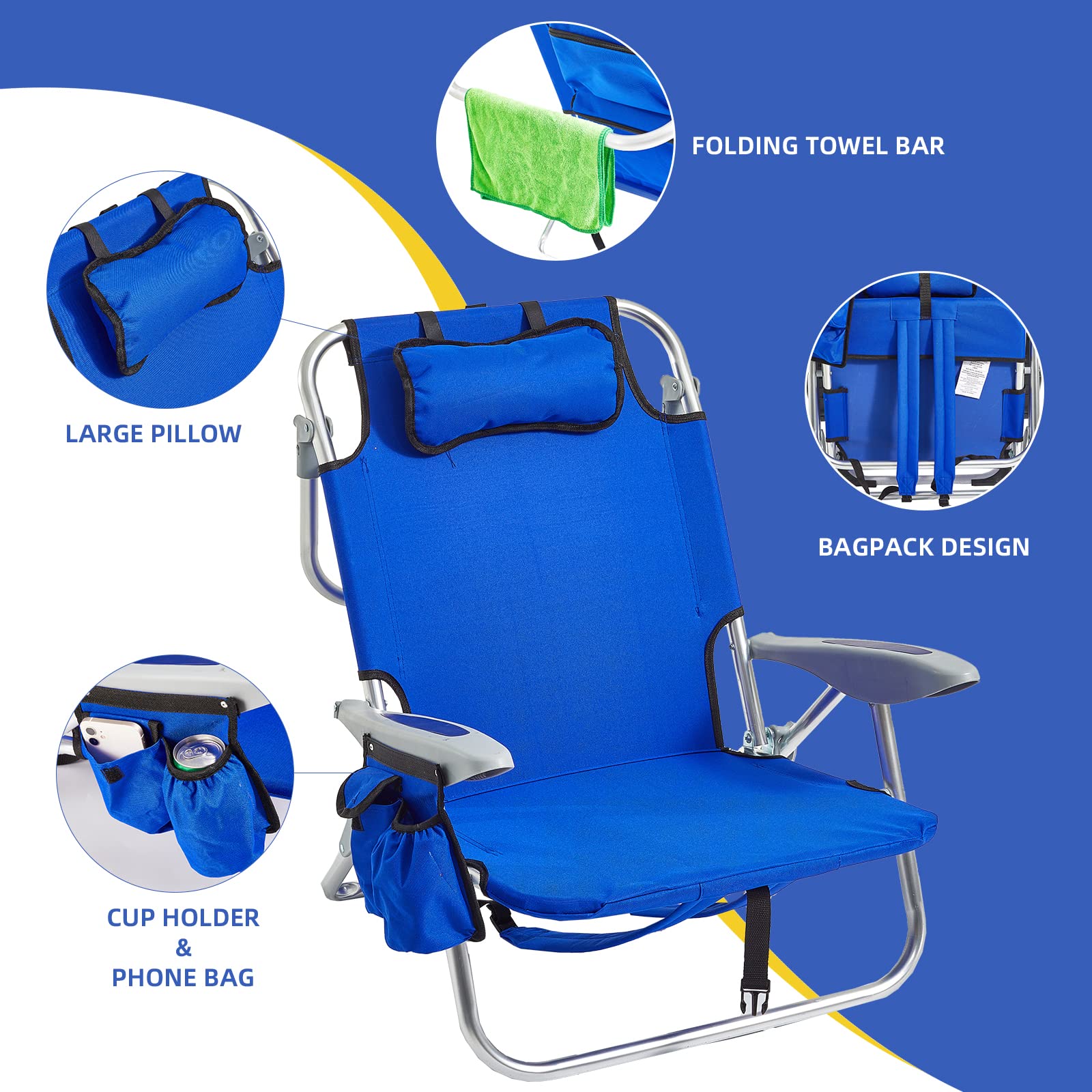 Portable Beach Chair for Adults - 4 Position Adjustable Backpack Folding Camping Chair with Shoulder Straps, Lightweight Outdoor Chair for Beach, Picnic, Fishing, Backyard & Travel (Blue)