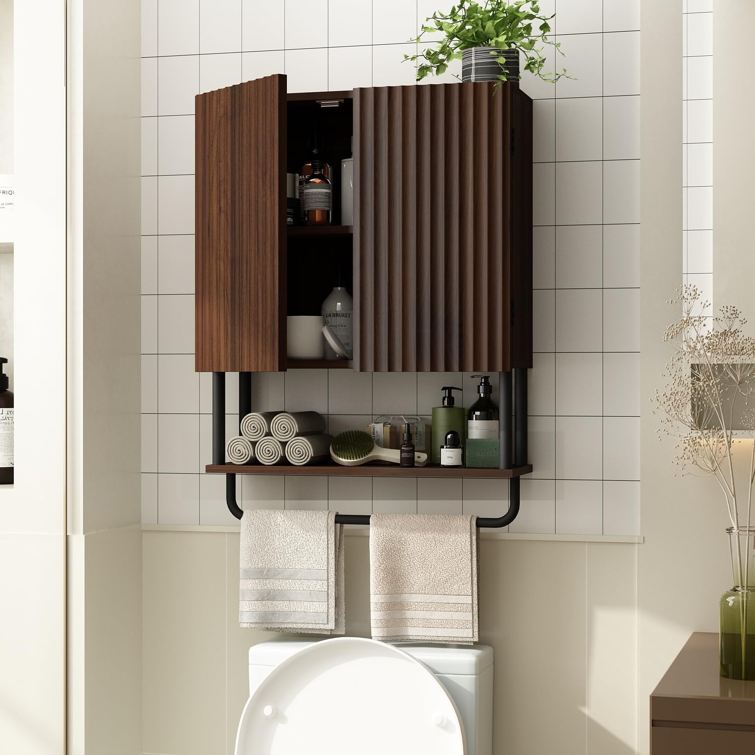 RUSTOWN 2-Door Fluted Bathroom Wall Cabinet with Adjustable Shelf & Towel Bar - 3-Tier Modern Farmhouse Medicine Cabinet for Over The Toilet Storage (Dark Walnut, Medium) - Perfect for Bathroom Organization & Small Space Storage Solutions