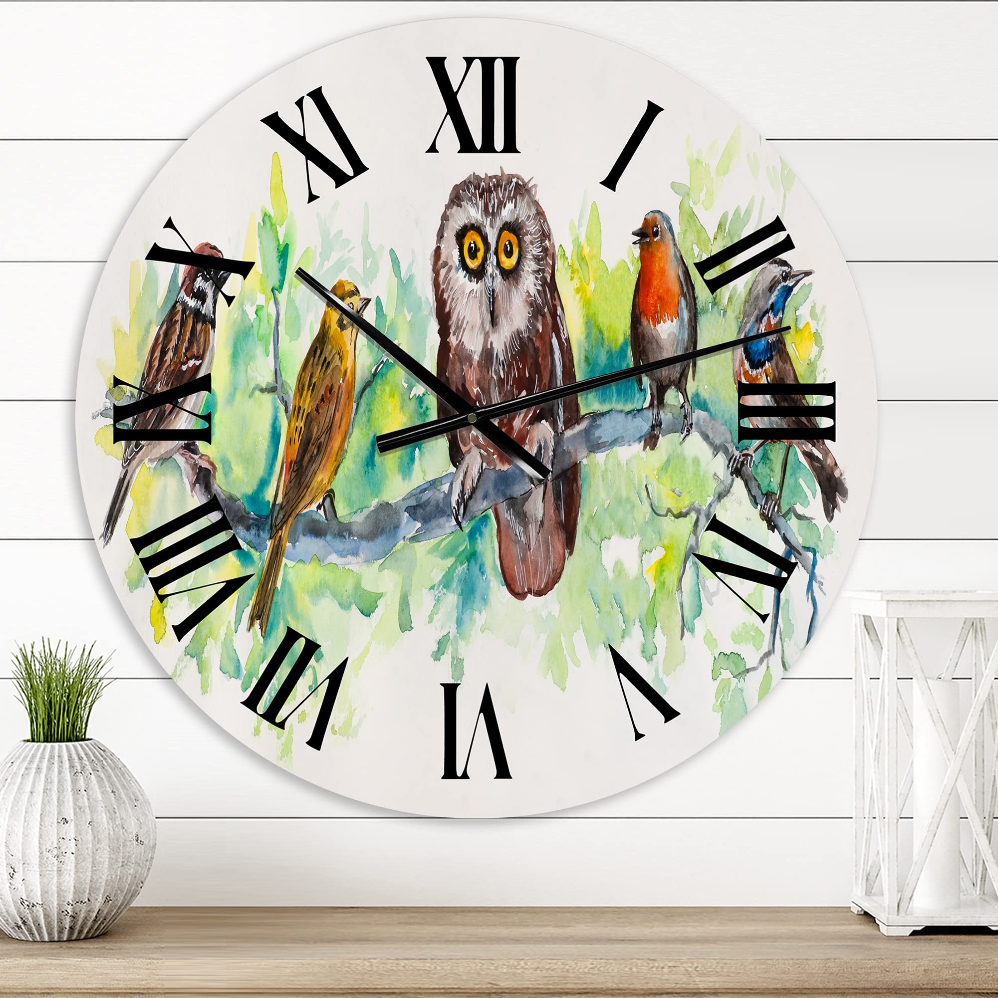DesignQ Traditional Large Wall Clock - Owl on Branch with Bird Friends, Animal-Themed Office Decor for Home & Workspace | Perfect for Living Room, Bedroom, and Office Spaces