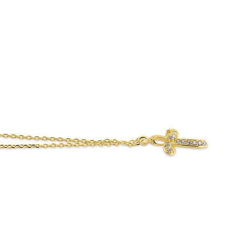 14K Solid Yellow Gold Ribbon Cross Necklace with CZ Stones - Elegant Religious Jewelry for Women, Perfect for Church, Weddings & Everyday Wear