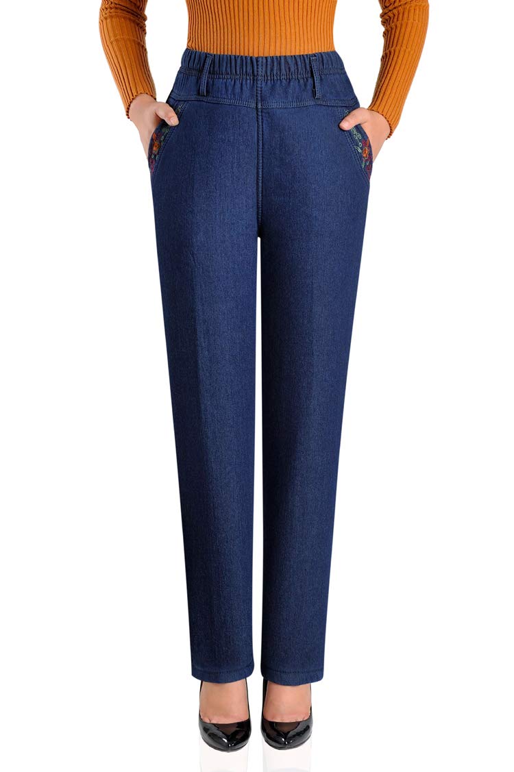 IDEALSANXUN Women's Fleece Lined Stretch Jeans - Elastic Waist, Loose Fit, Straight Leg Winter Pants for Casual Wear & Outdoor Activities
