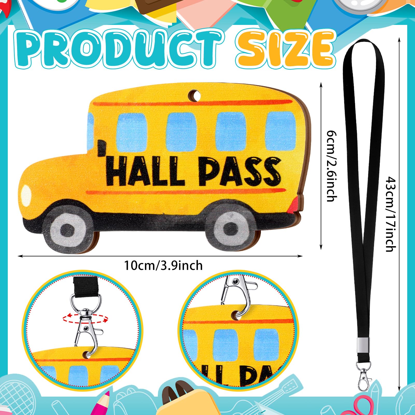 Sabary 6 Sets Unbreakable Wooden Hall Pass Lanyards with School Passes - Durable Classroom Bathroom Passes for Hall, Restroom, Library, Office & Nurse - Perfect Teacher Supplies Gift (Cute Style) - Ideal for Elementary Schools, Middle Schools and Teacher Appreciation Gifts