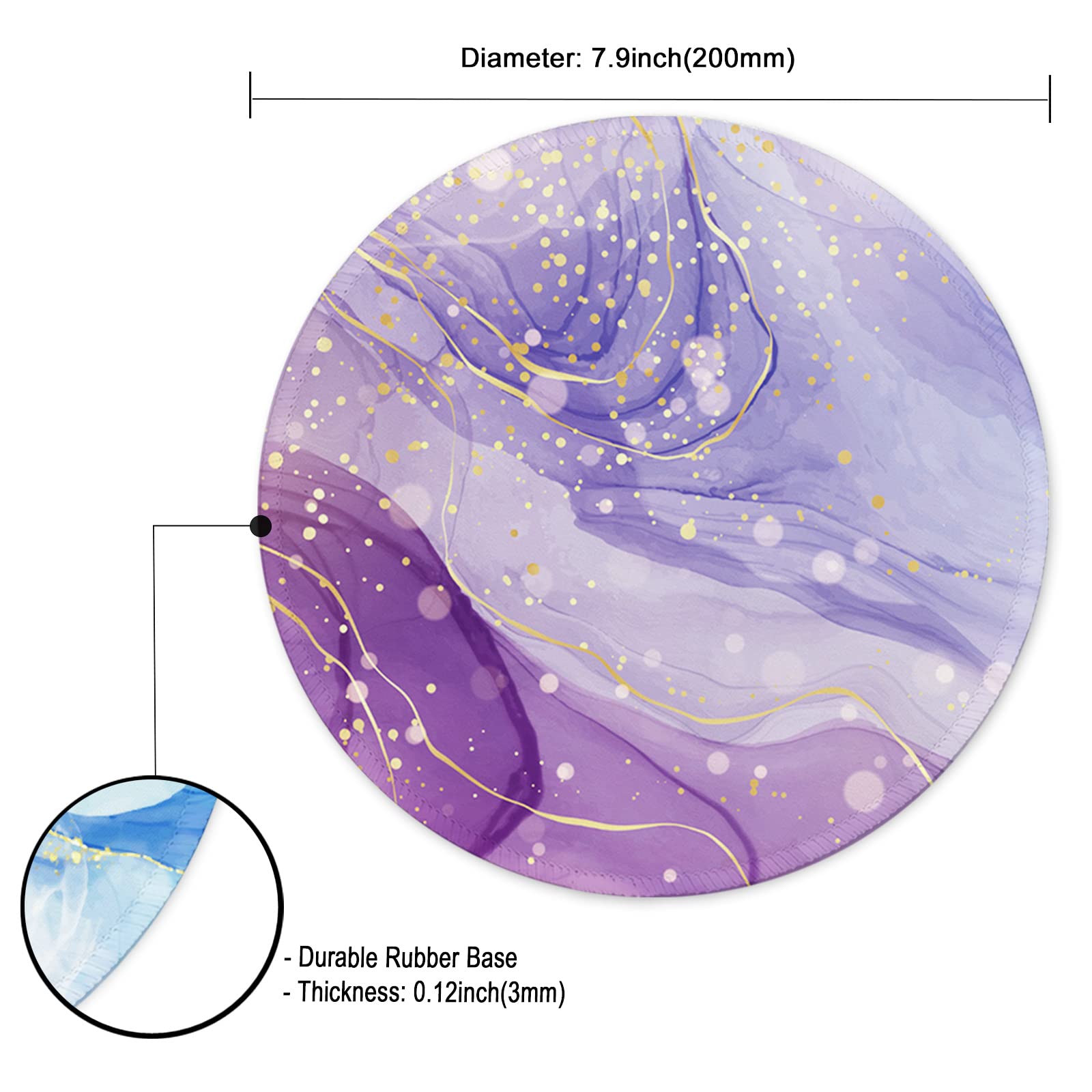Premium Round Gaming Mouse Pad - Non-Slip Rubber Base with Stitched Edge (7.9x7.9 Inch) for PC, Laptop & Office - Marble Violet Golden Design - Perfect for Work, Gaming & Home Office Use