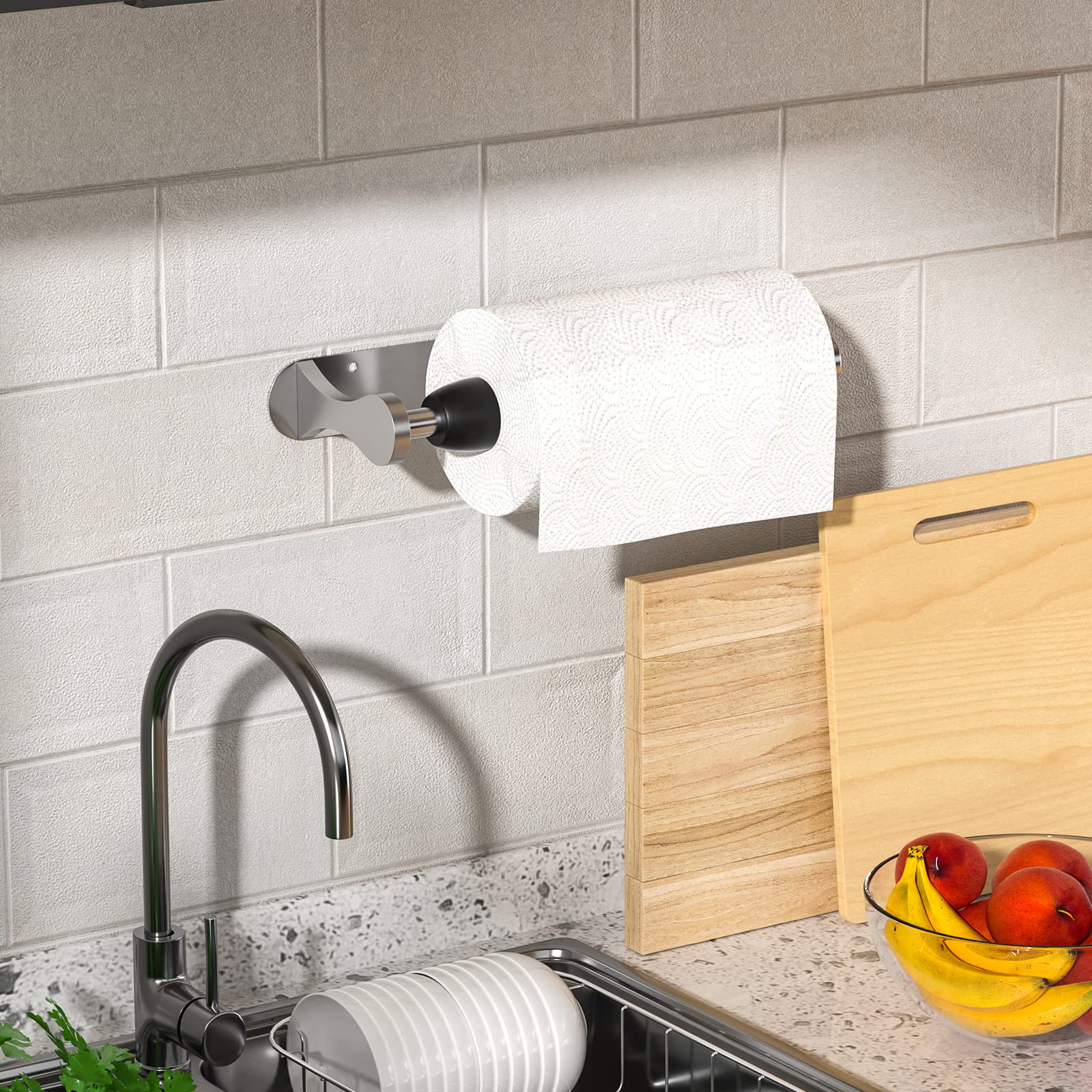 Stainless Steel Under Cabinet Paper Towel Holder - One-Handed Tear, Wall Mount & Adhesive - Silver Kitchen Roll Holder with Ratchet Mechanism for Farmhouse, Bathroom & Kitchen Decor | Perfect for Easy Access While Cooking, Cleaning & Home Organization