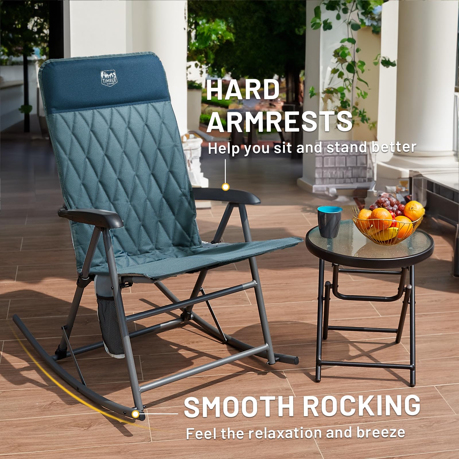 TIMBER RIDGE Adjustable Rocking Camping Chair - Padded High Back Outdoor Rocker with Side Pocket, Portable Folding Chair for Adults (300 LBS Capacity) - Perfect for Lawn, Patio, Porch, Beach & Backyard Relaxation - Blue (1 Pack)