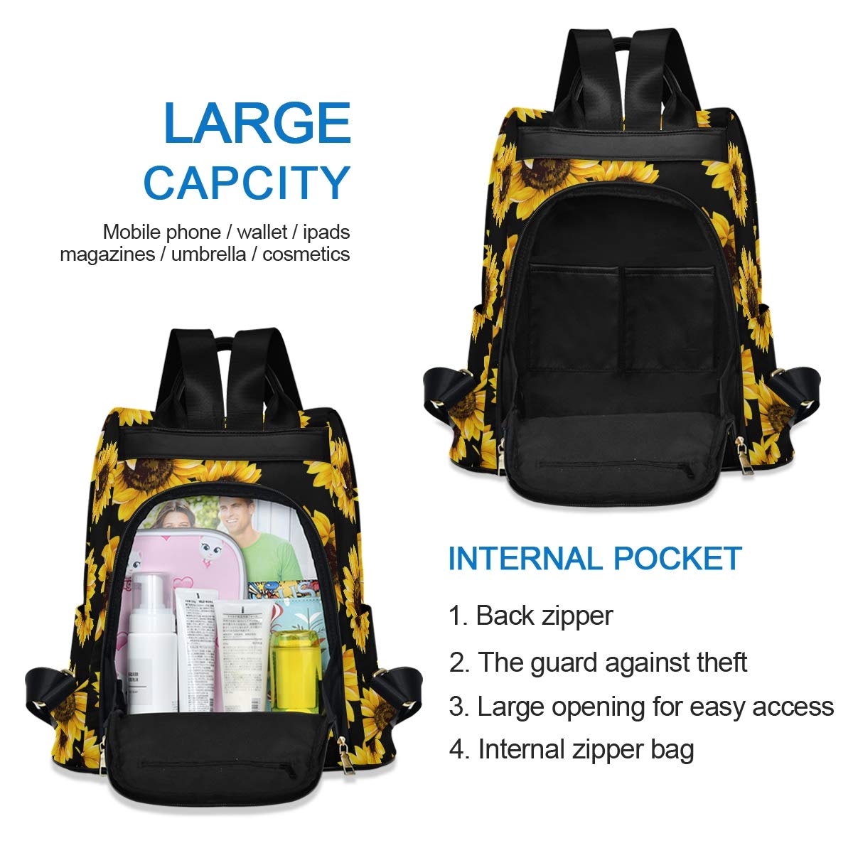 Stylish Yellow Sunflower Backpack Purse for Women - Adjustable Shoulder Straps, Trendy Crossbody Bag for School, Travel & Outdoor Adventures