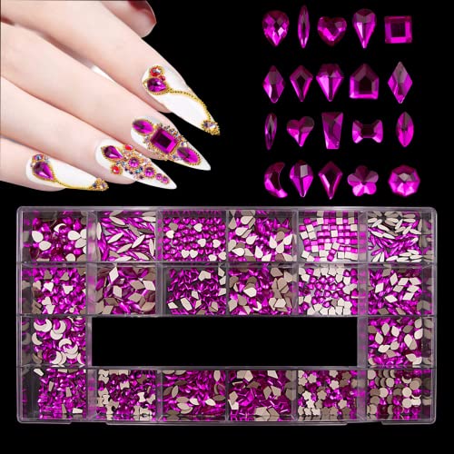 1000Pcs Flat Back Rhinestones for Nails - HOINCO Bright Purple Nail Gems, 20 Styles Mixed Shapes Non Hot-fix Rhinestones for Nail Art, DIY Manicure, Jewelry Making - Includes Tweezers & Applicator Pen - Perfect for Nail Salons, Home Nail Care, and Creative Crafts
