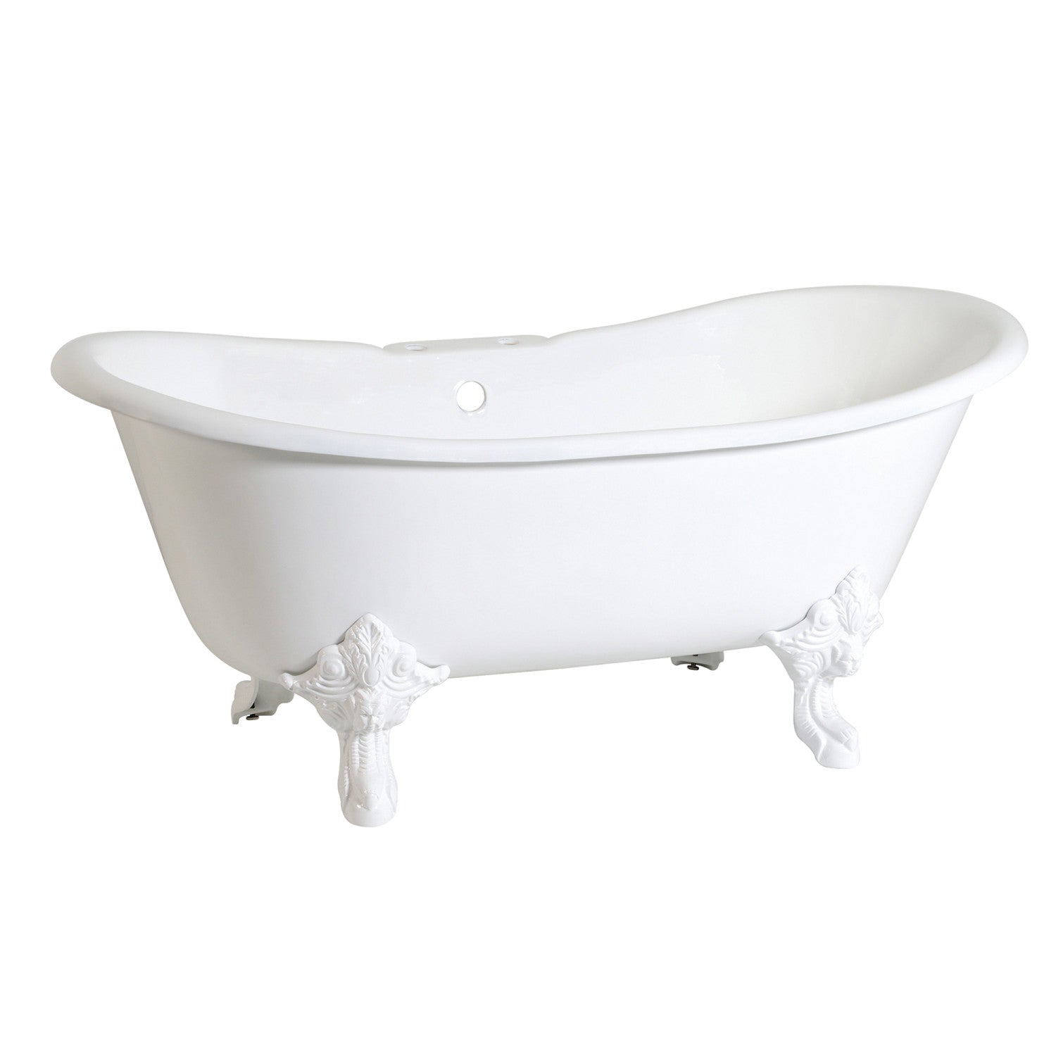 Aqua Eden 67 Inch White Cast Iron Oval Double Slipper Clawfoot Bathtub with 7 Inch Faucet Drillings - Vintage Freestanding Soaking Tub for Luxury Bathroom & Spa Retreat