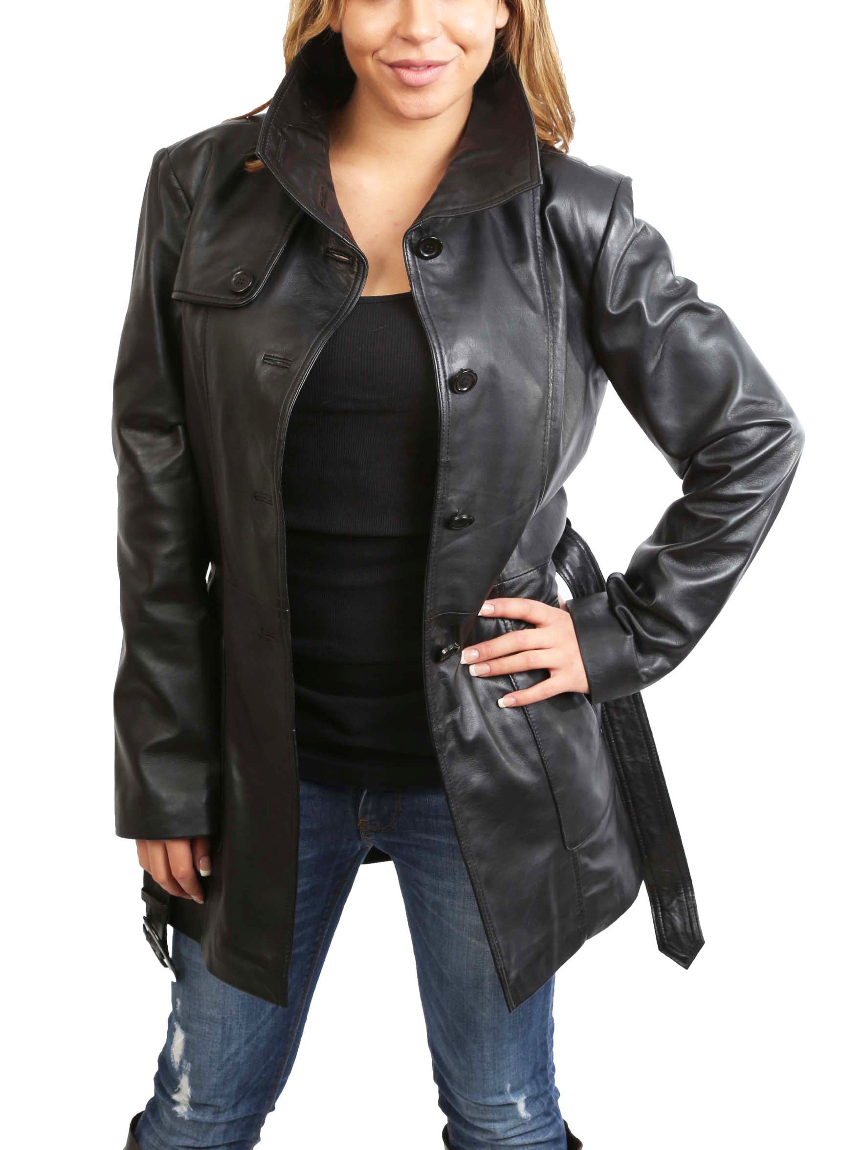 Women's Genuine Leather Black Trench Coat with Waist Belt | Mid-Length Parka Jacket by Alba | Perfect for Fall Fashion, Office Wear & Outdoor Activities
