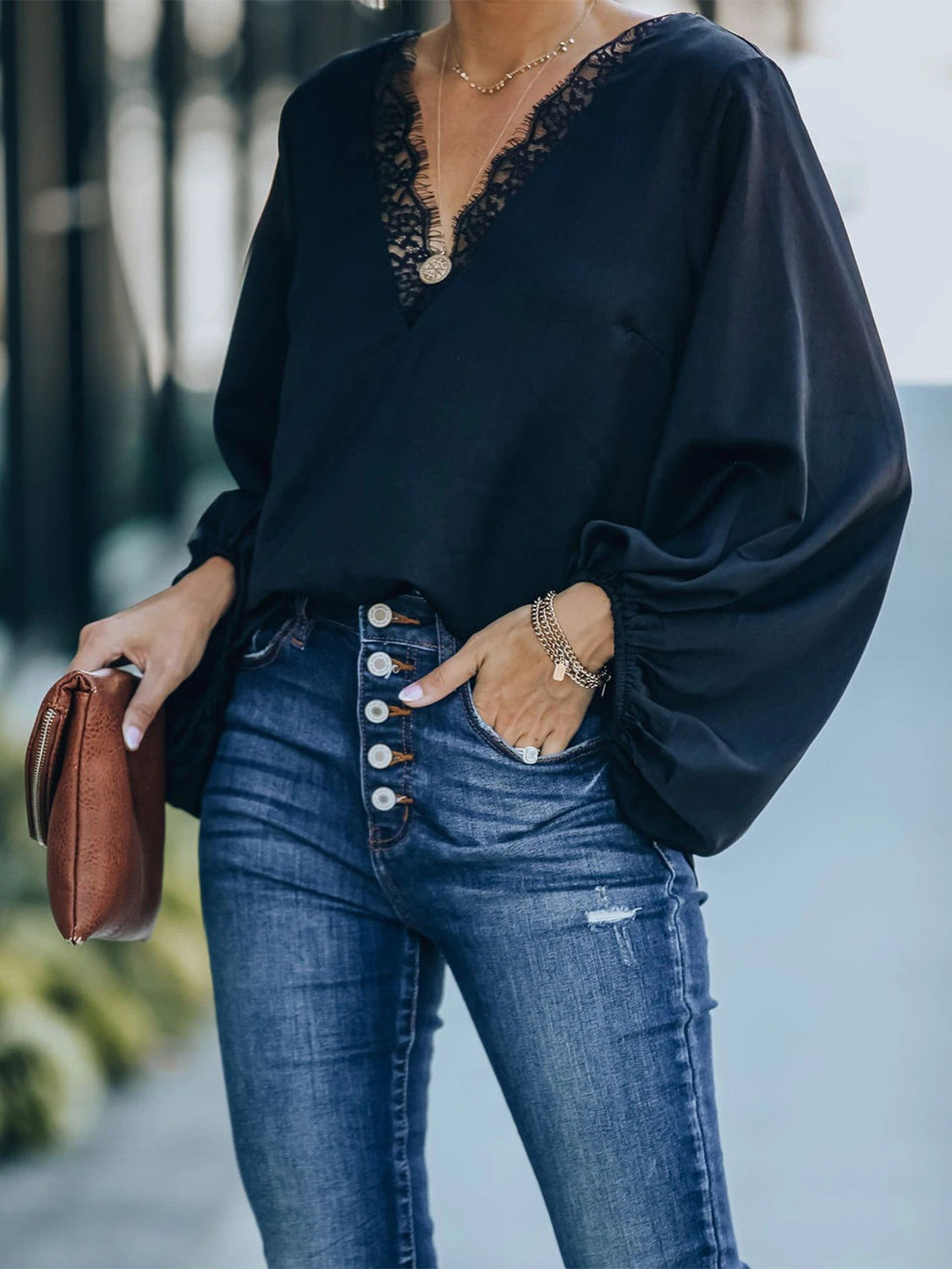 Elegant Lace Detail V-Neck Long Sleeve Blouse for Women | Flowy Office & Party Top | Perfect for Work, Date Night & Special Occasions