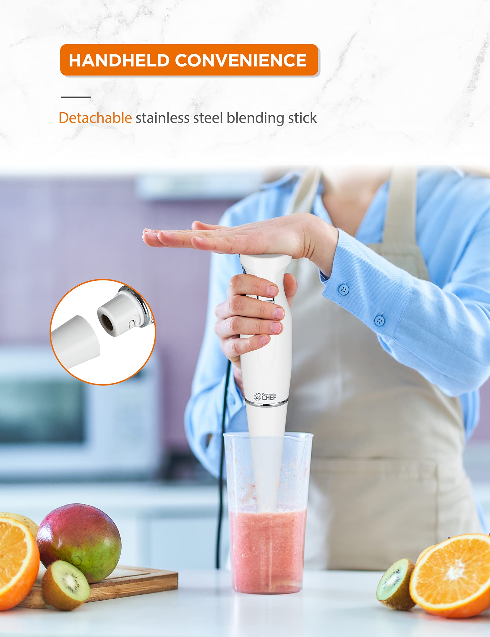 Commercial Chef Immersion Blender - 500W Stainless Steel Hand Blender with Quiet Motor | Powerful Mini Blender for Smoothies, Soups, Sauces & Baby Food | Perfect for Kitchen, Restaurant & Home Cooking
