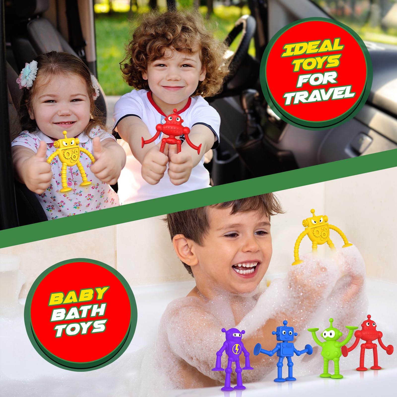 Baby Bath Toys with Suction Cups - No Hole Sensory Toys for Toddlers, Robot Fidget Toys for Windows, Fun Travel & Easter Basket Stuffers - Perfect Gift for Boys & Girls | Bathtime Play & Stress Relief