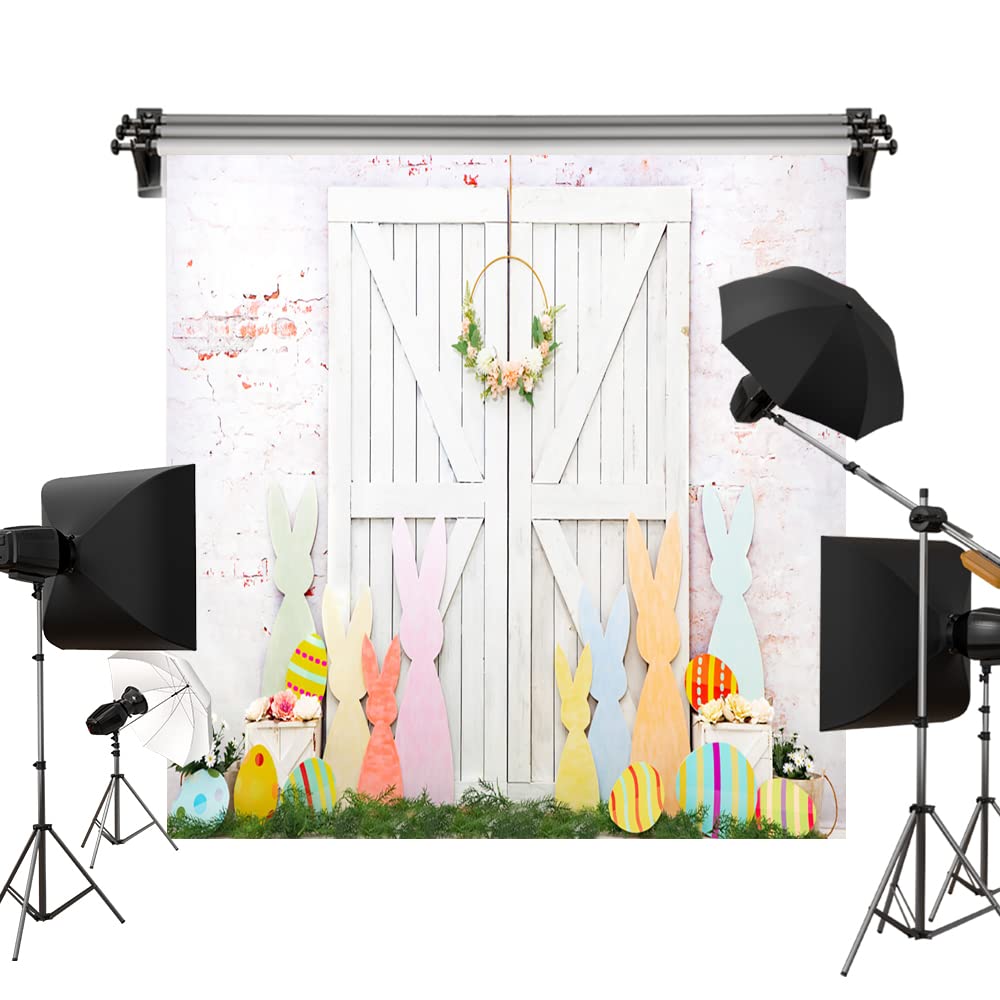 10x10ft Easter Colorful Eggs Backdrop with Bunny & White Barn Door - Perfect for Photo Studio Props, Easter Party Decor, Baby Shower Background (3x3m)