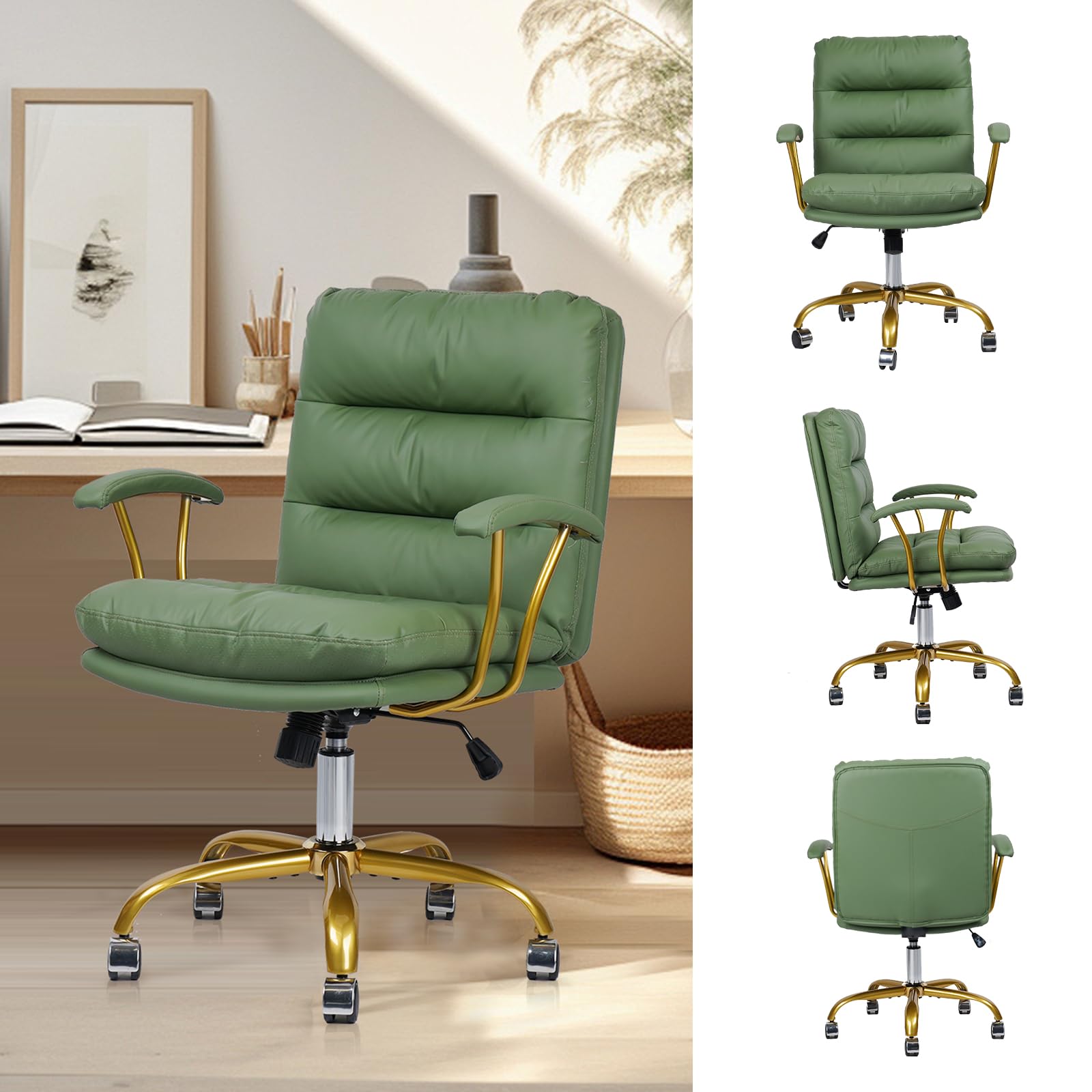 Premium Green & Gold Leather Office Chair - Ergonomic Swivel Desk Chair with Padded Seat, Adjustable Height & Wheels - Perfect for Home Office, Study Room, Vanity Dressing Table & Living Room Workspace