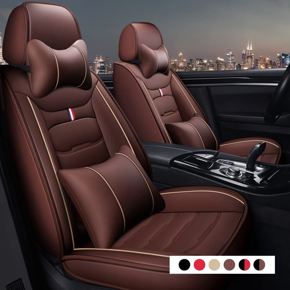 Premium Leather Waterproof Car Seat Covers for Sedan, Truck & SUV - Front Seat Only with Headrest & Back Pillow - Auto Interior Accessories (Coffee Color) - Perfect for Daily Commute, Road Trips & Vehicle Protection