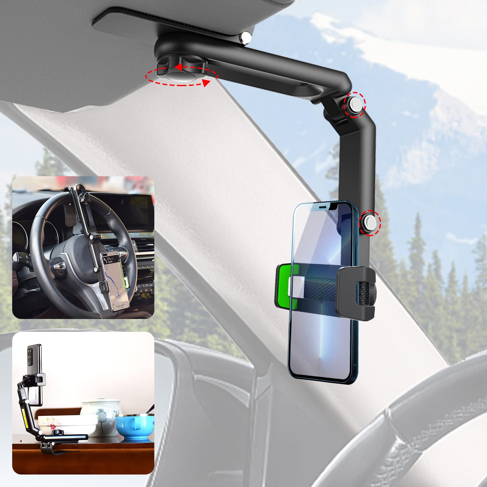 360° Rotating Sun Visor Phone Holder for Car - Universal Retractable Phone Mount Compatible with iPhone, Samsung & Android - Perfect for Hands-Free Navigation, Music Control & Safe Driving