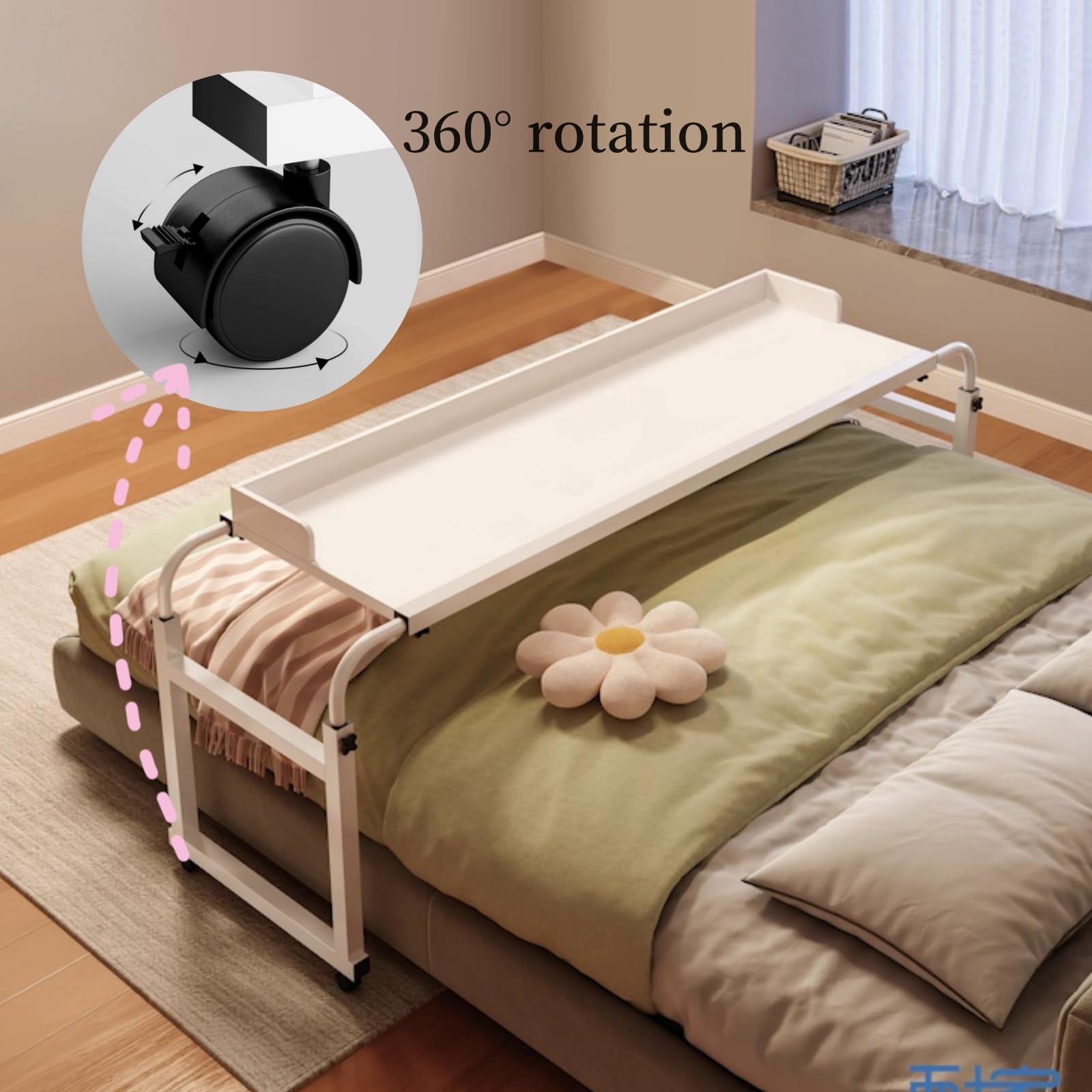 Adjustable Height Overbed Table with Wheels - Mobile Bed Desk for Laptop, Breakfast, Reading & Work - Brown    (Use Cases: Perfect for hospital patients, home office, studying in bed, or enjoying meals comfortably)
