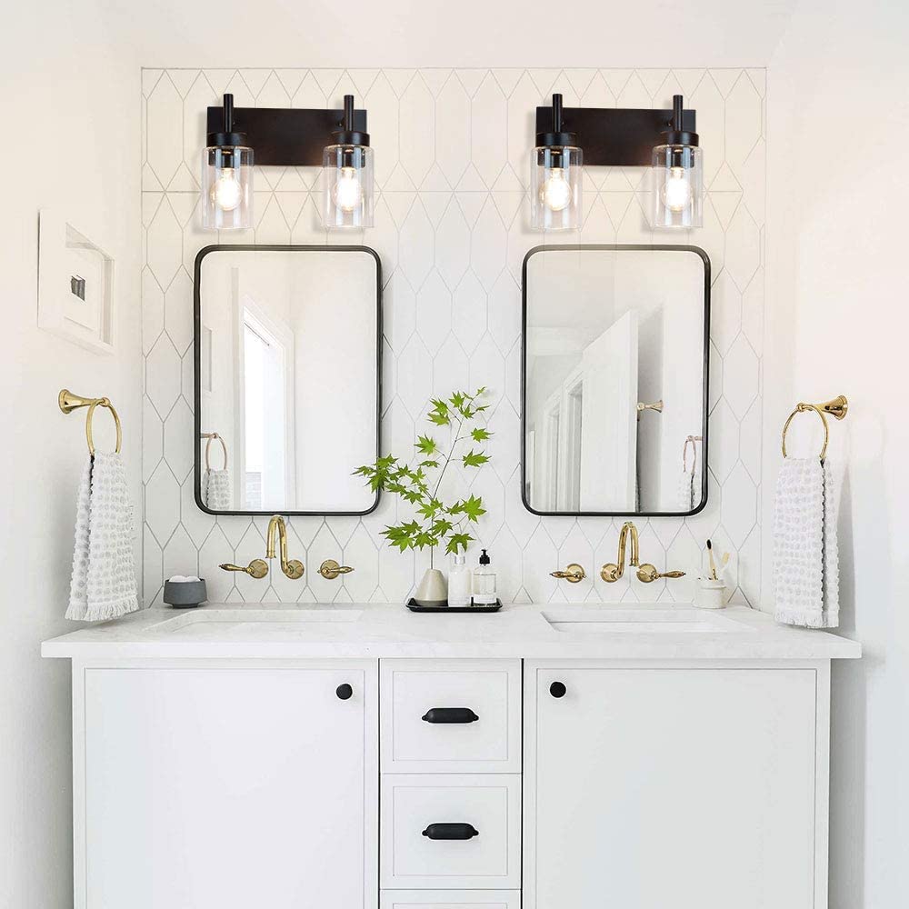 Rustic Vanity Wall Mount Lamp - 2 Light Metal Wall Sconce with Glass Shade for Bathroom, Bedroom & Hallway Lighting | Perfect for Makeup Mirror, Powder Room & Laundry Room Décor