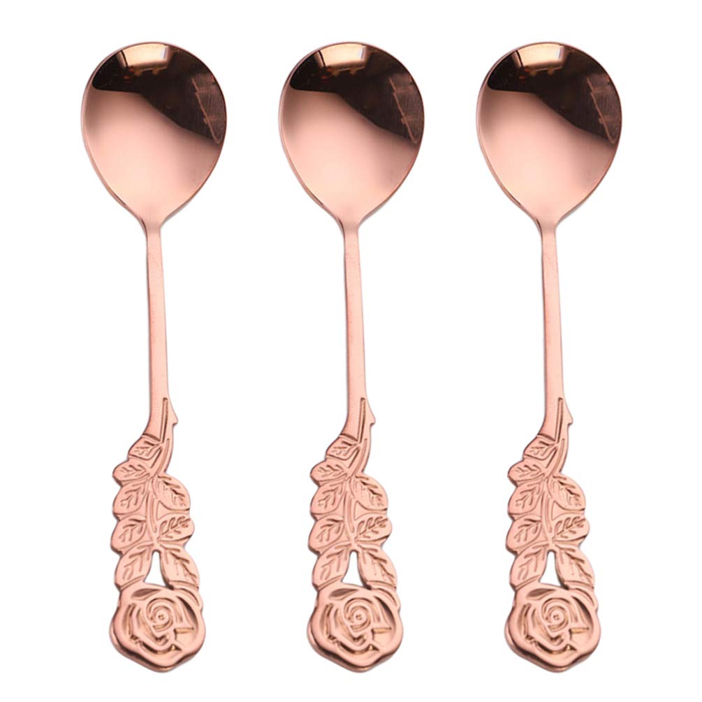 Hemoton 3-Piece Stainless Steel Spoon Set - Coffee, Tea, Soup & Salad Stirring Spoons - Vintage Rose Gold Utensils with Leaf Design for Kitchen, Dining & Gifting - Perfect for Coffee Shops, Restaurants & Home Use