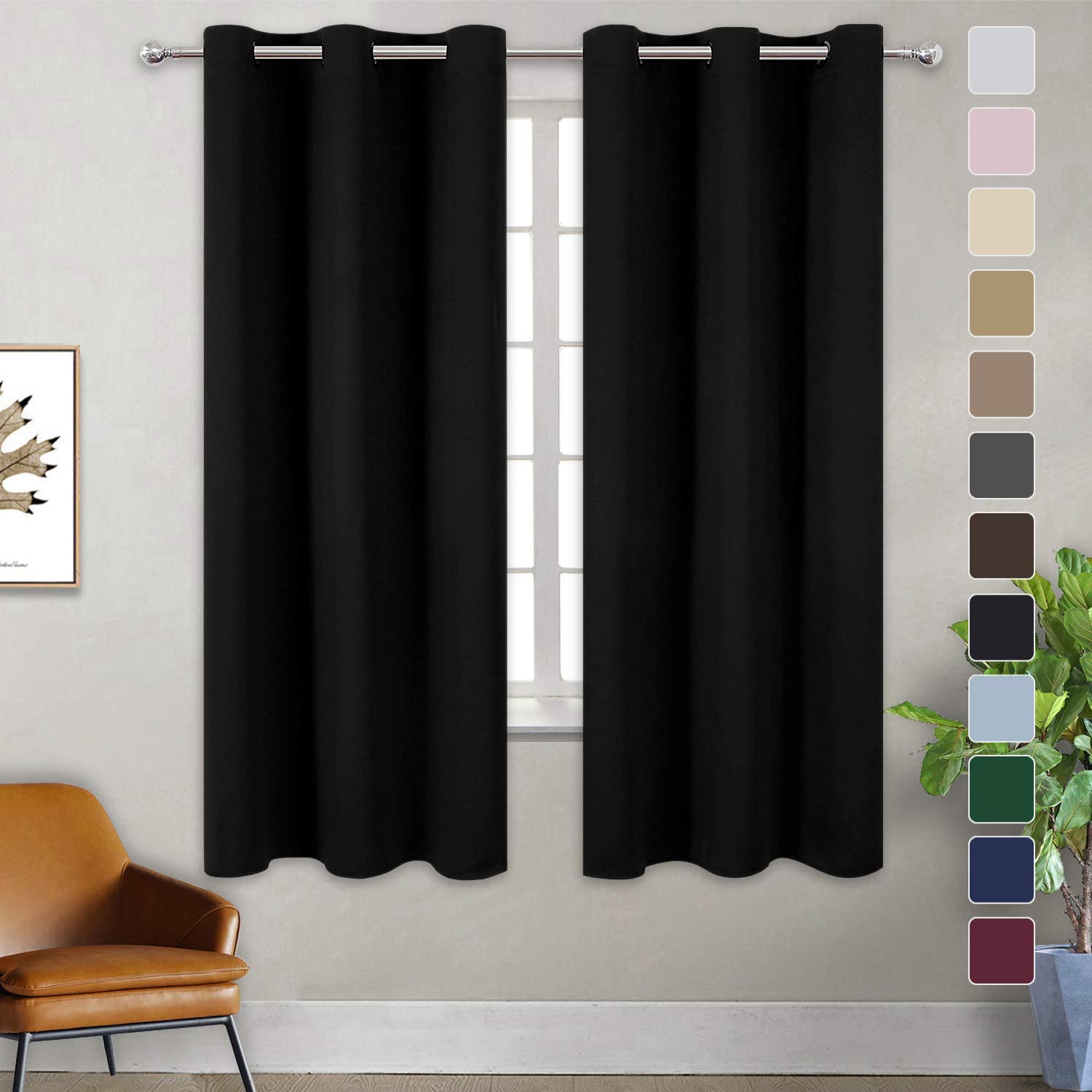 Black Thermal Insulated Window Curtains 55x98 Inches - Super Soft Light Reflecting Drapes for Bedroom & Living Room - Energy Efficient Room Darkening Window Treatment for Home Decor