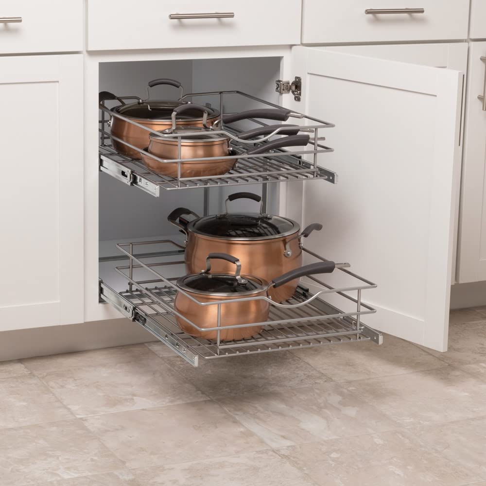 Knape & Vogt 17.5-inch Wide 2-Tier Pull Out Cabinet Basket Organizer - Frosted Nickel Finish for Kitchen, Bathroom & Pantry Storage (14.7-inch Height) | Space-Saving Shelf Solution for Spices, Utensils & Cleaning Supplies