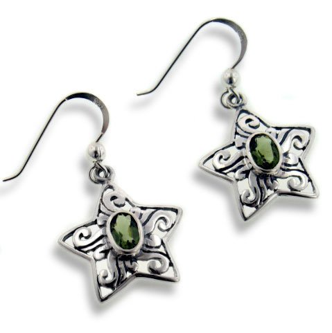 Authentic Green Moldavite Sterling Silver Scrollwork Star Hook Earrings for Women – Perfect for Boho, Hippie & Festival Jewelry