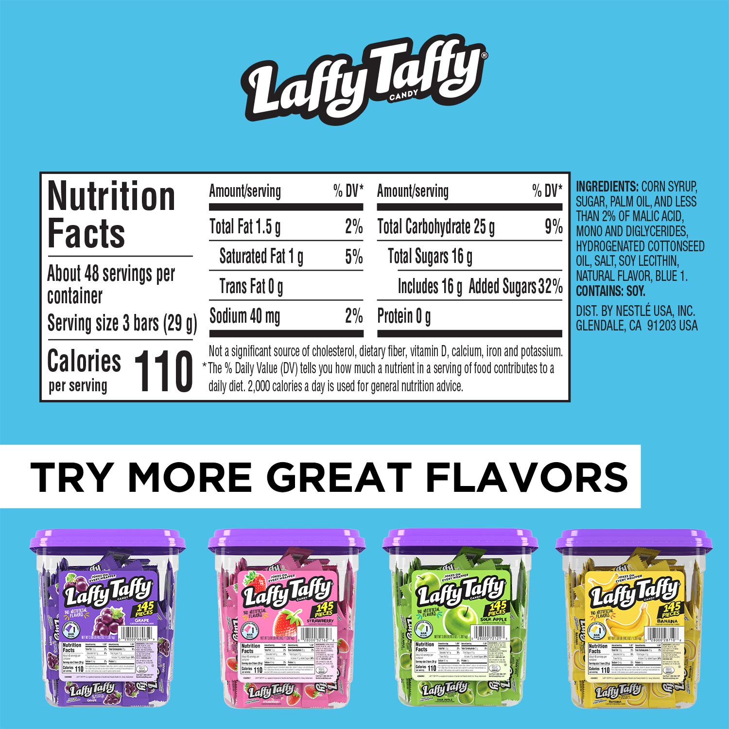 Blue Raspberry Laffy Taffy Candy - 145 Individually Wrapped Chewy Taffy Pieces - Bulk Party Candy for Halloween, Birthday Favors & Office Treats
