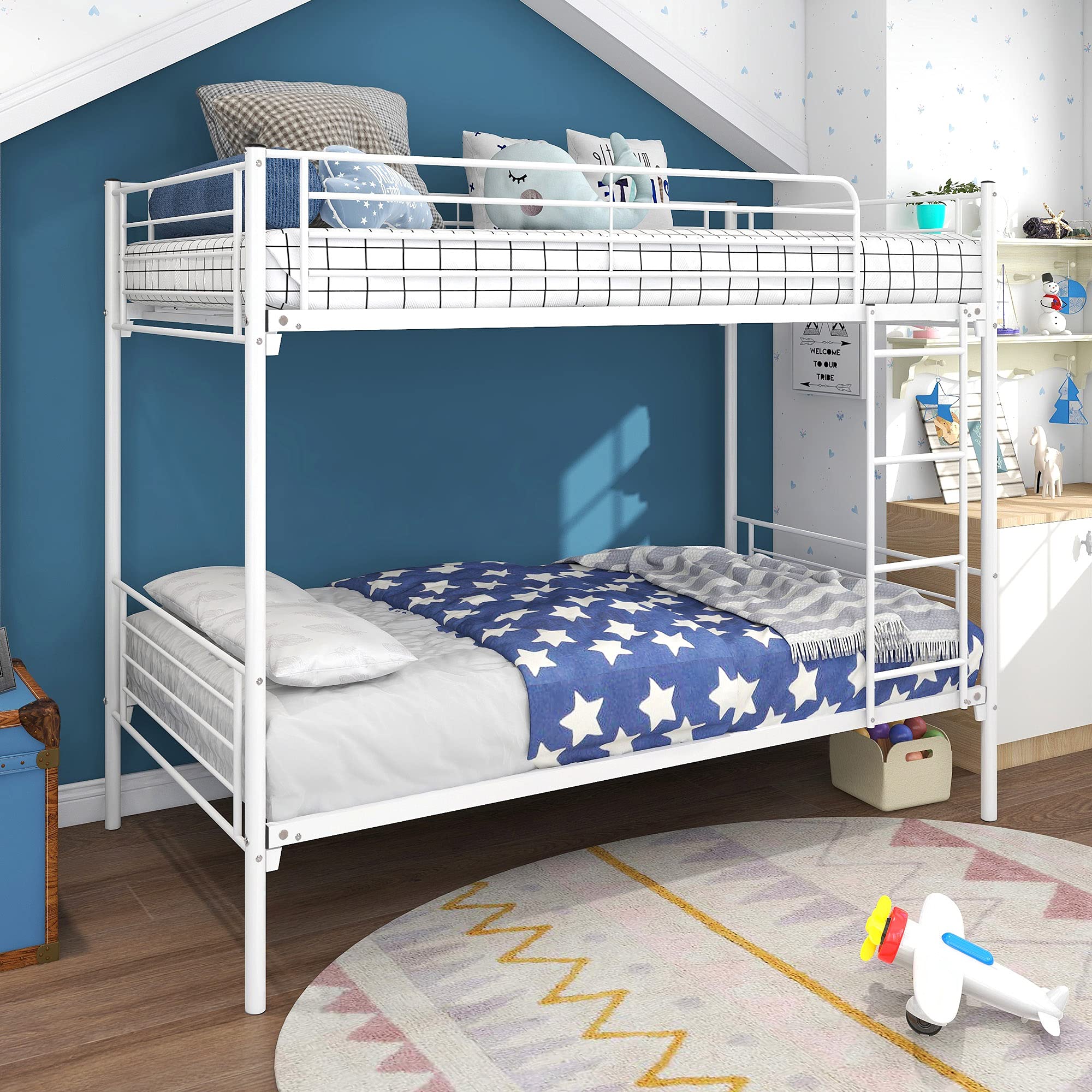 Twin Over Twin Metal Bunk Bed with Ladder & Guardrails - Heavy Duty Bunk Bed Frame for Adults, Kids, Boys & Girls Bedroom - No Box Spring Needed - White - Perfect for Space-Saving Kids' Rooms, Dormitories & Guest Bedrooms