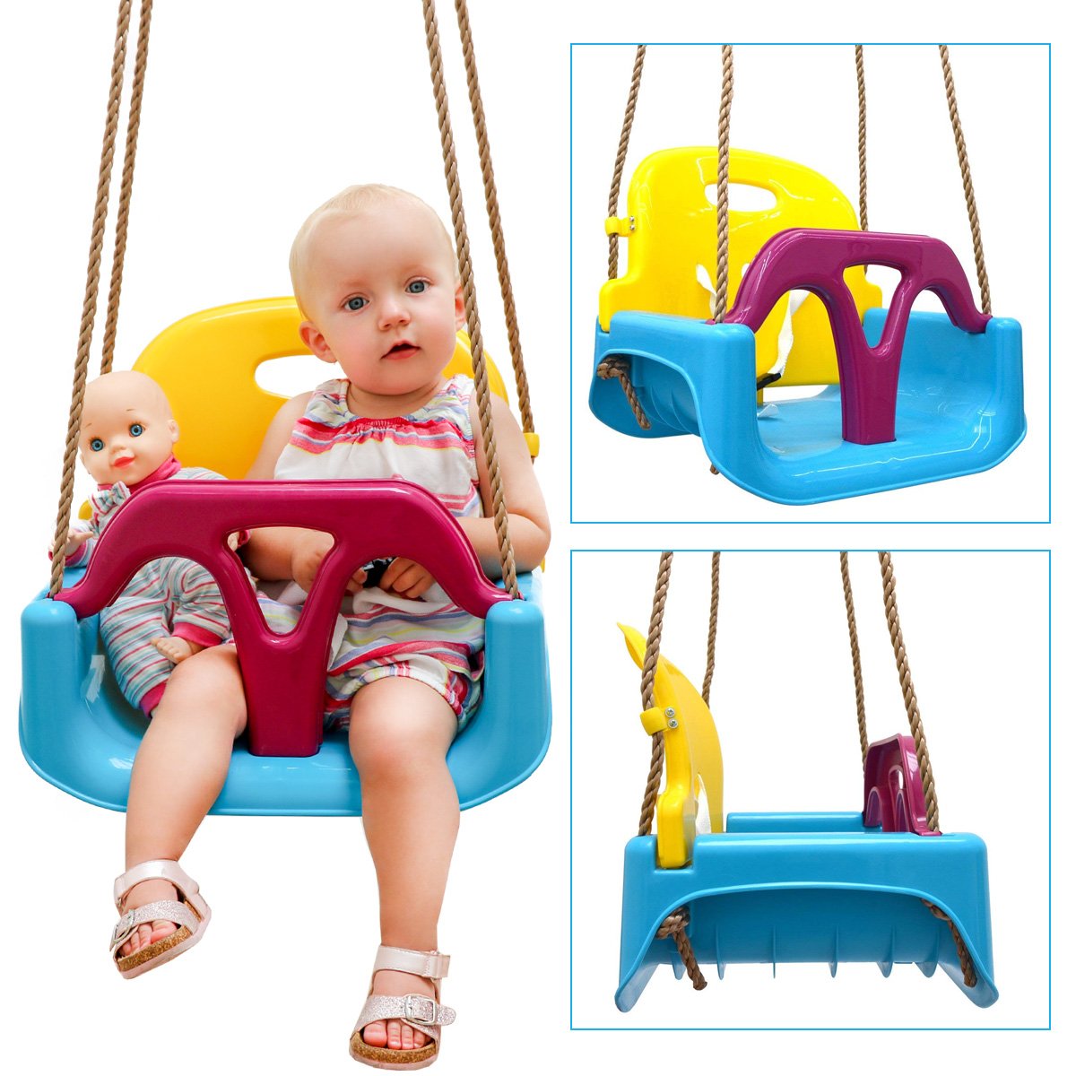 LittleTom 3-in-1 Baby Swing Chair 40x43x33cm for Infants 6-72 Months - Blue & Yellow | Portable Infant Seat for Indoor, Outdoor & Travel Use
