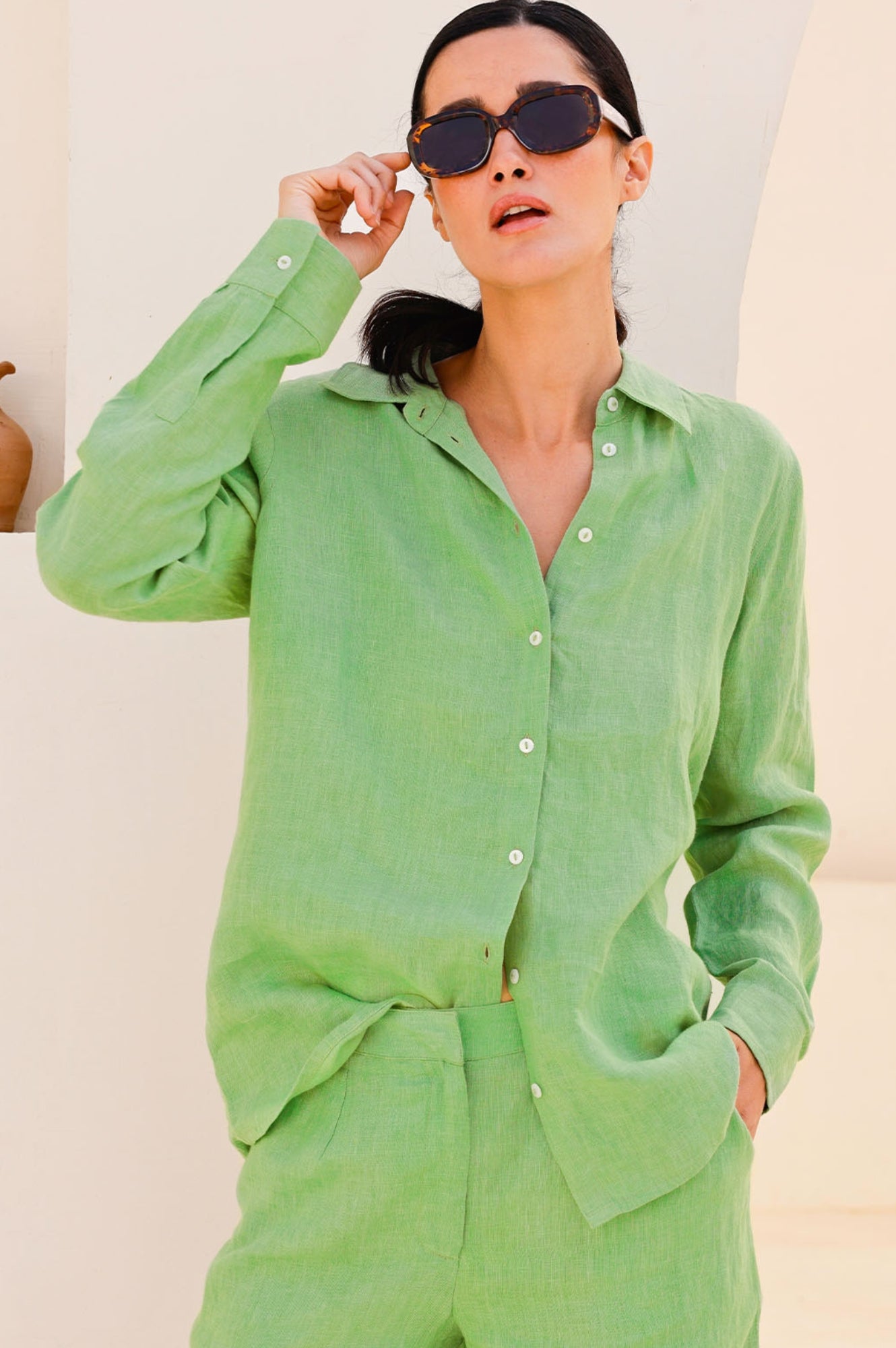 Women's Linen Shirt - Breathable & Lightweight Summer Top in Leaf Green | Casual Wear, Beach Outfit & Office Attire