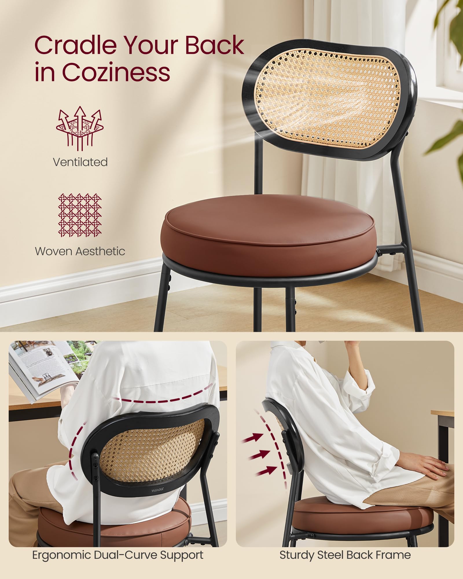 VASAGLE 4-Piece Boho Dining Chair Set with PE Rattan Back & Synthetic Leather Upholstery - Mid-Century Modern Kitchen & Living Room Accent Chairs in Coffee Brown | Perfect for Dining Rooms, Breakfast Nooks & Home Decor ULDC160K24