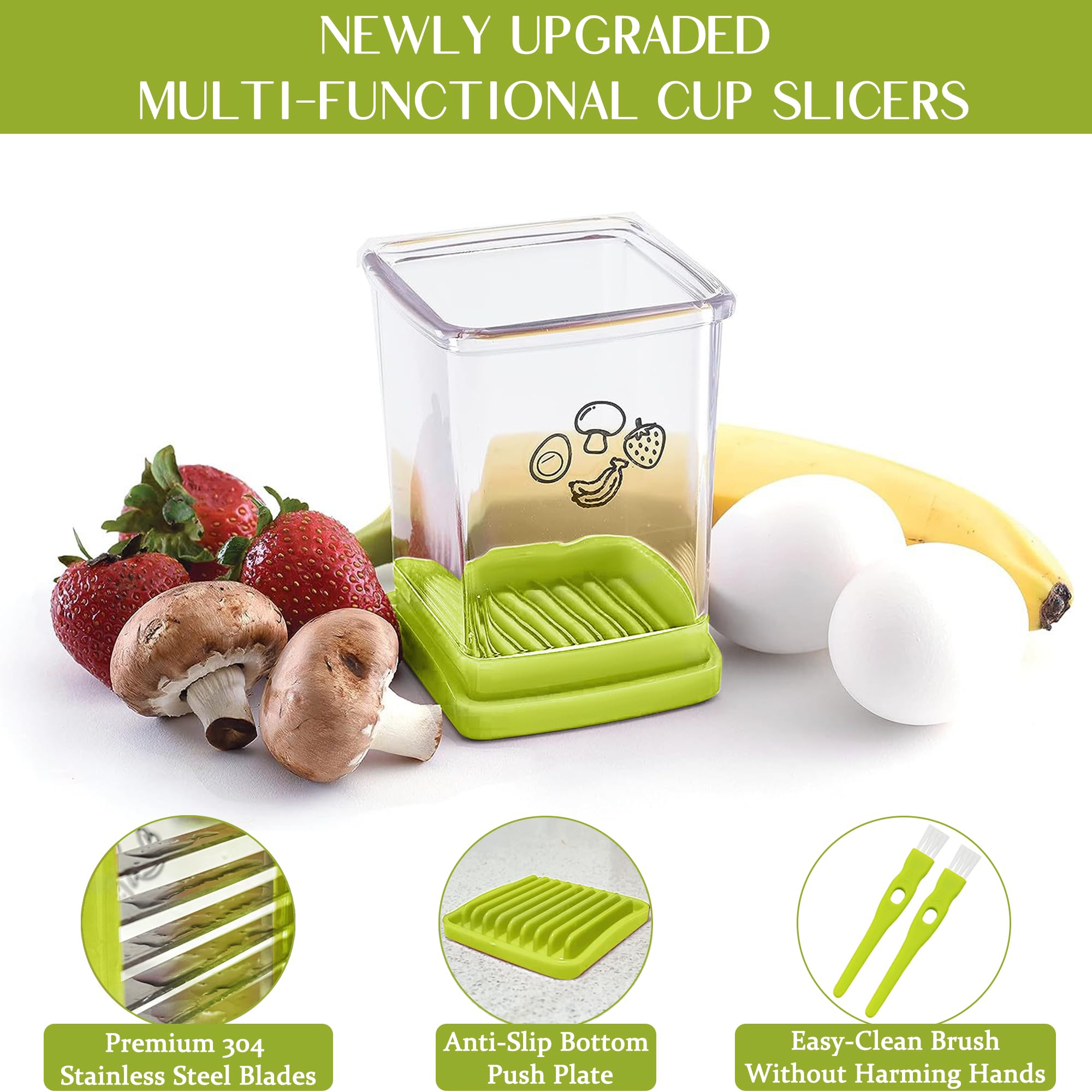 Premium Stainless Steel Fruit Slicer Cup - 5-in-1 Strawberry, Egg, Banana & Vegetable Cutter with Push Plate | Fast & Easy Fruit Salad Maker | Perfect for Smoothie Bowls, Party Platters & Healthy Snacking (Green Kitchen Gadget)