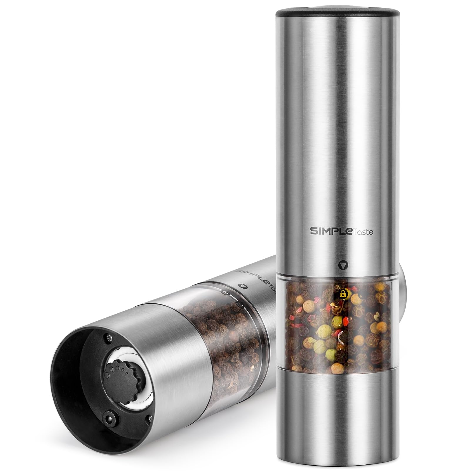 SIMPLETASTE Electric Salt and Pepper Grinder Set - Automatic One-Handed Operation, LED Light & Adjustable Coarseness, Battery-Powered Stainless Steel Mill - Perfect for Kitchen, Dining Table & Outdoor Cooking