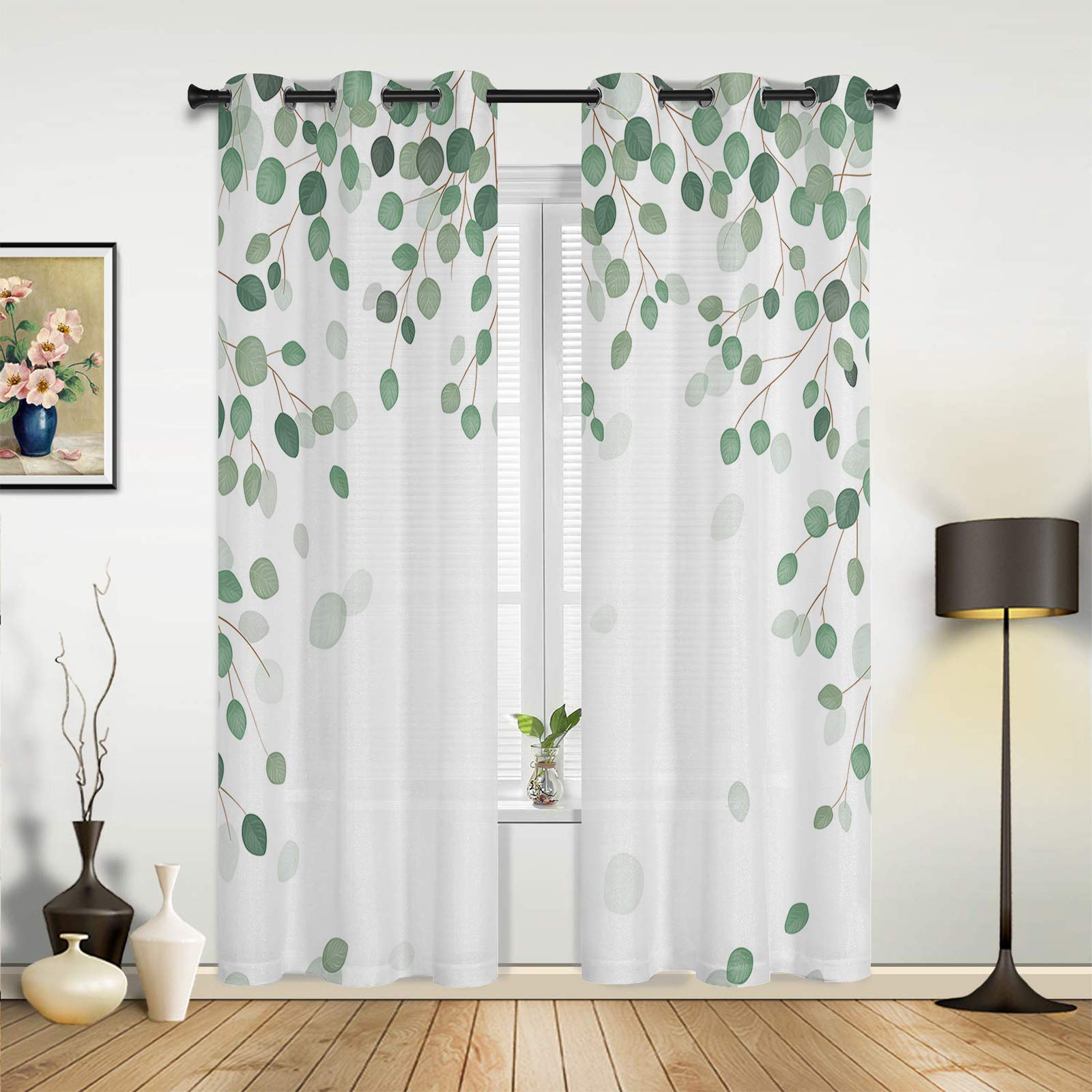Elegant Green Leaves Watercolor Sheer Curtains for Bedroom & Living Room - Round Eucalyptus Floral Design, Grommet Top Airy Window Drapes (Set of 2 Panels 52x52 Inches) - Perfect for Home Decor, Privacy & Light Filtering