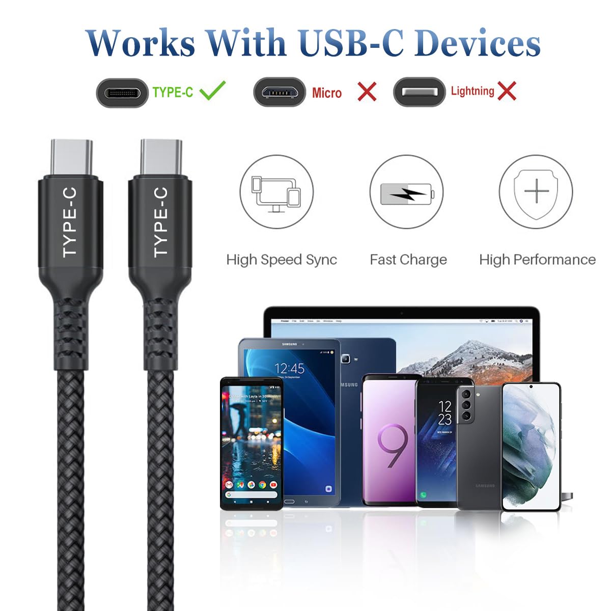 BASESAILOR 2-Pack 100W USB C to USB C Fast Charging Cable (2M) - PD Power Delivery Charger Cord for MacBook, iPad Pro/Air/Mini, Samsung Galaxy Z Flip/Fold, Google Pixel | Perfect for Home, Office & Travel Charging
