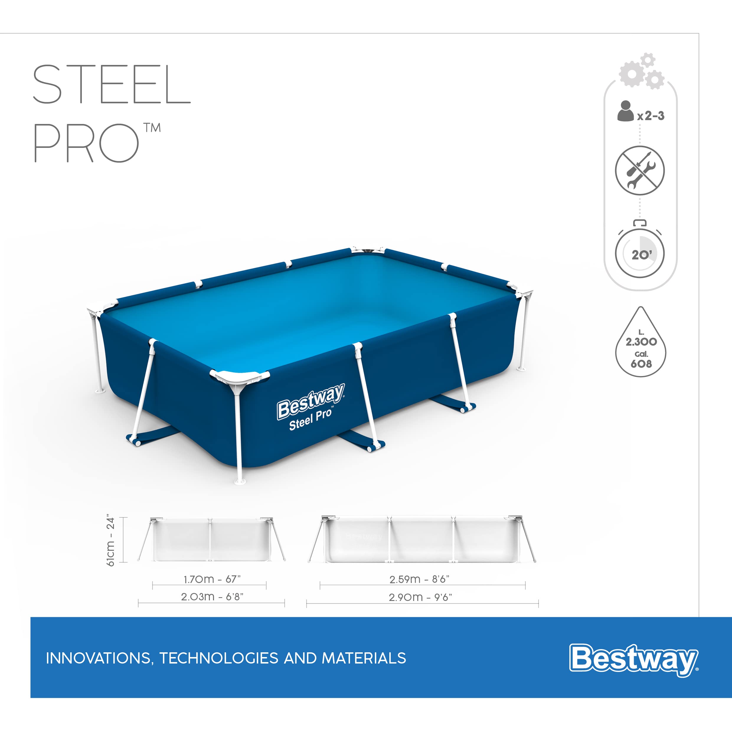Bestway Steel Pro 2.6m x 1.7m x 61cm Rectangular Above Ground Swimming Pool - Durable Outdoor Family Pool for Backyard, Garden & Summer Fun