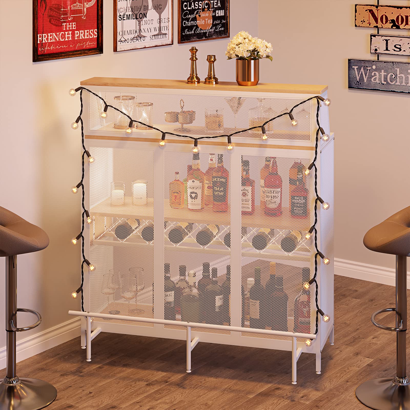 Industrial 4-Tier Home Bar Cabinet with Footrest & Wine Rack - Metal Liquor Storage Shelf for Kitchen, Pub or Living Room - White KFO Buffet Cabinet for Entertaining Guests
