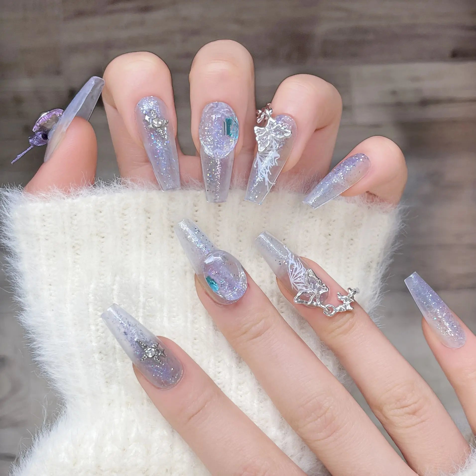 10Pcs Long Coffin Ballerina Press on Nails - Crystal Handmade False Nails with Diamond Glitter & Butterfly Design, Ombre French Tips for Women - Perfect for Parties, Weddings & Special Occasions