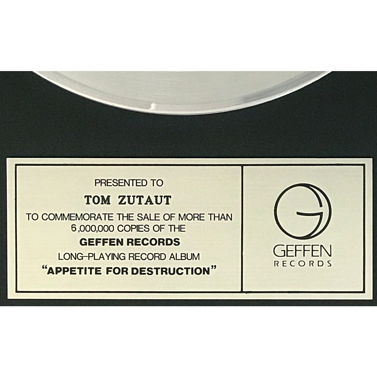 Guns N' Roses Appetite for Destruction Album - Geffen Records Certified 6 Million Sales Award - Perfect for Rock Music Collectors & Home Decor