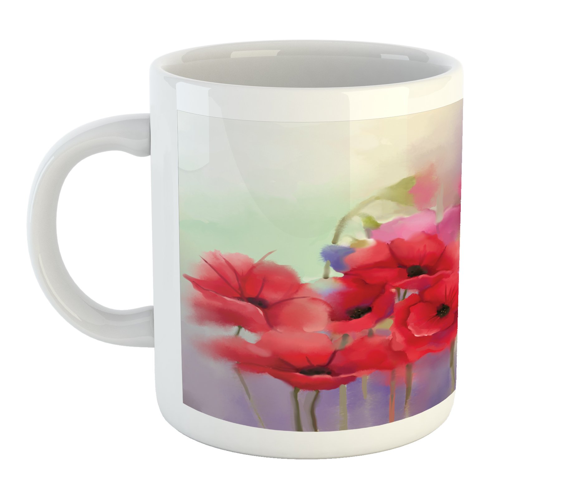 Ambesonne Floral Ceramic Coffee Mug - 11 oz Poppy Flowers Spring Design for Tea, Water & Drinks - Romantic Lavender & Red Print - Perfect for Home, Office & Gifts