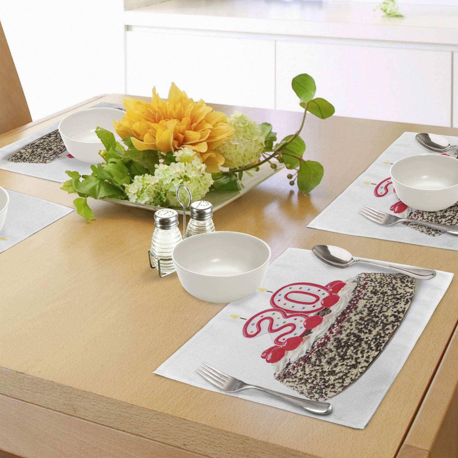 Ambesonne 30th Birthday Place Mats Set of 4 - Washable Fabric Table Mats with Birthday Cake & Candles Design for Dining Room & Kitchen Decor | Perfect for Adult Birthday Parties & Anniversary Celebrations
