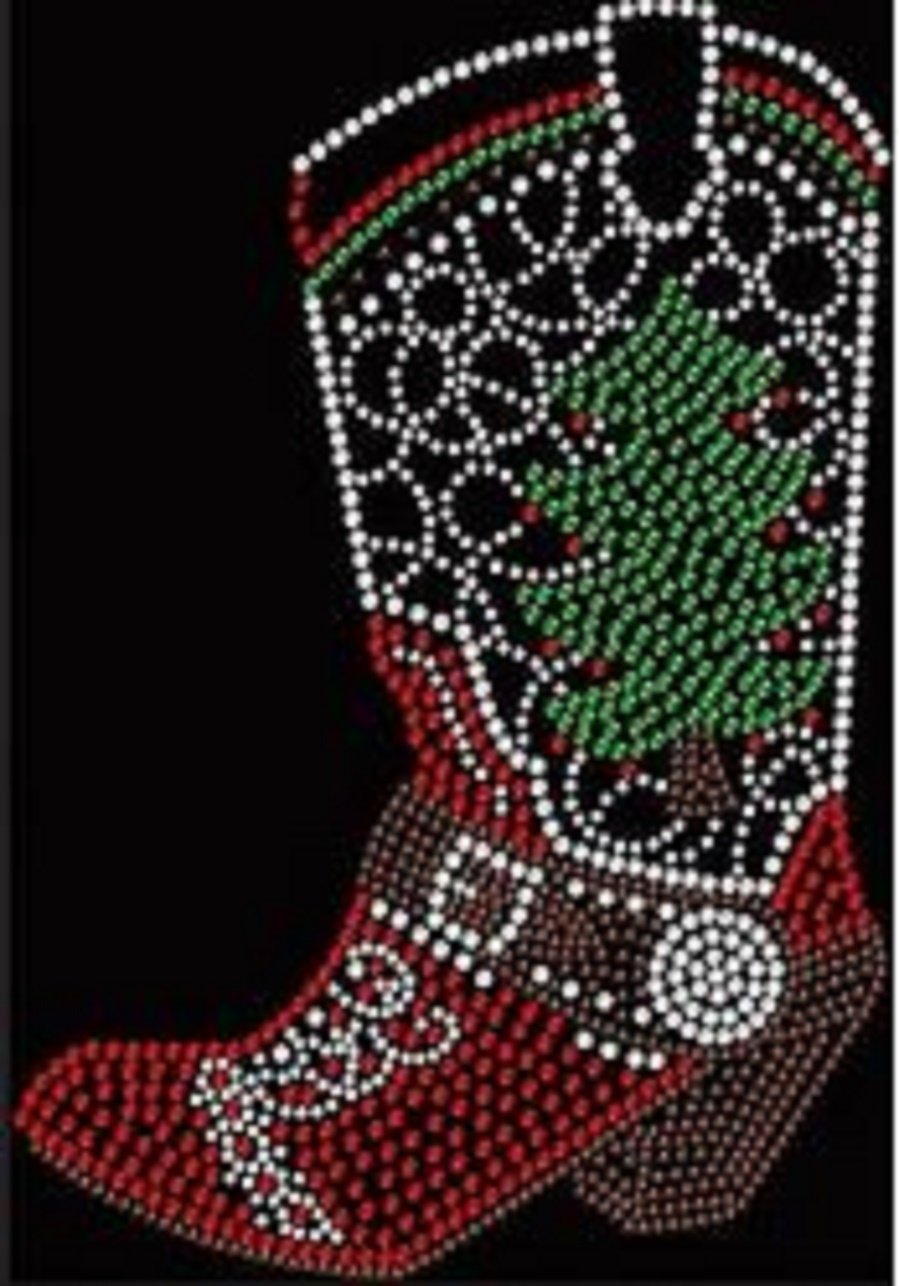 Christmas Cowgirl Boot Rhinestone Iron-On T-Shirt Transfer - DIY Western Holiday Apparel Decoration for Parties & Gifts
